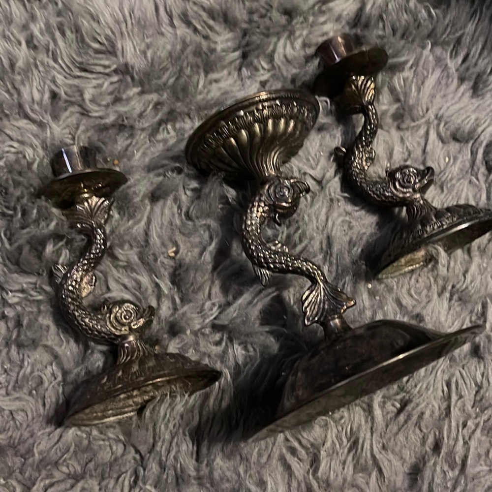 3 silver candlestick holders fish design